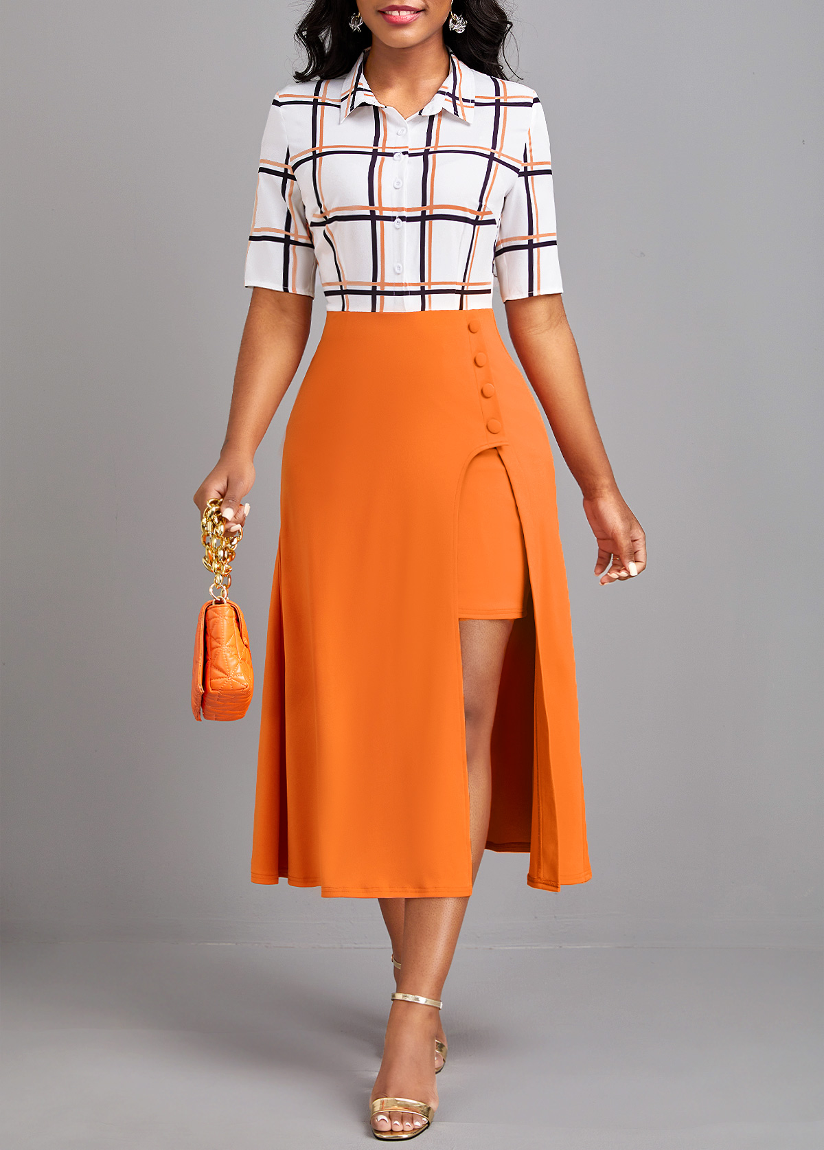 Orange Asymmetry Plaid Short Sleeve Dress
