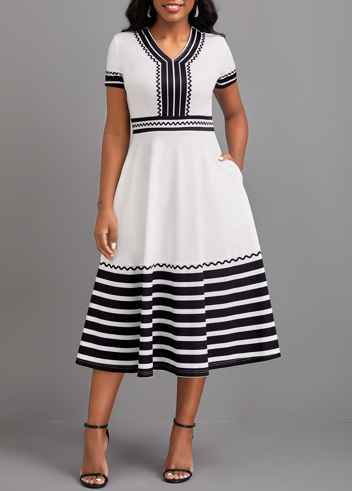 White Patchwork Striped Short Sleeve V Neck Dress