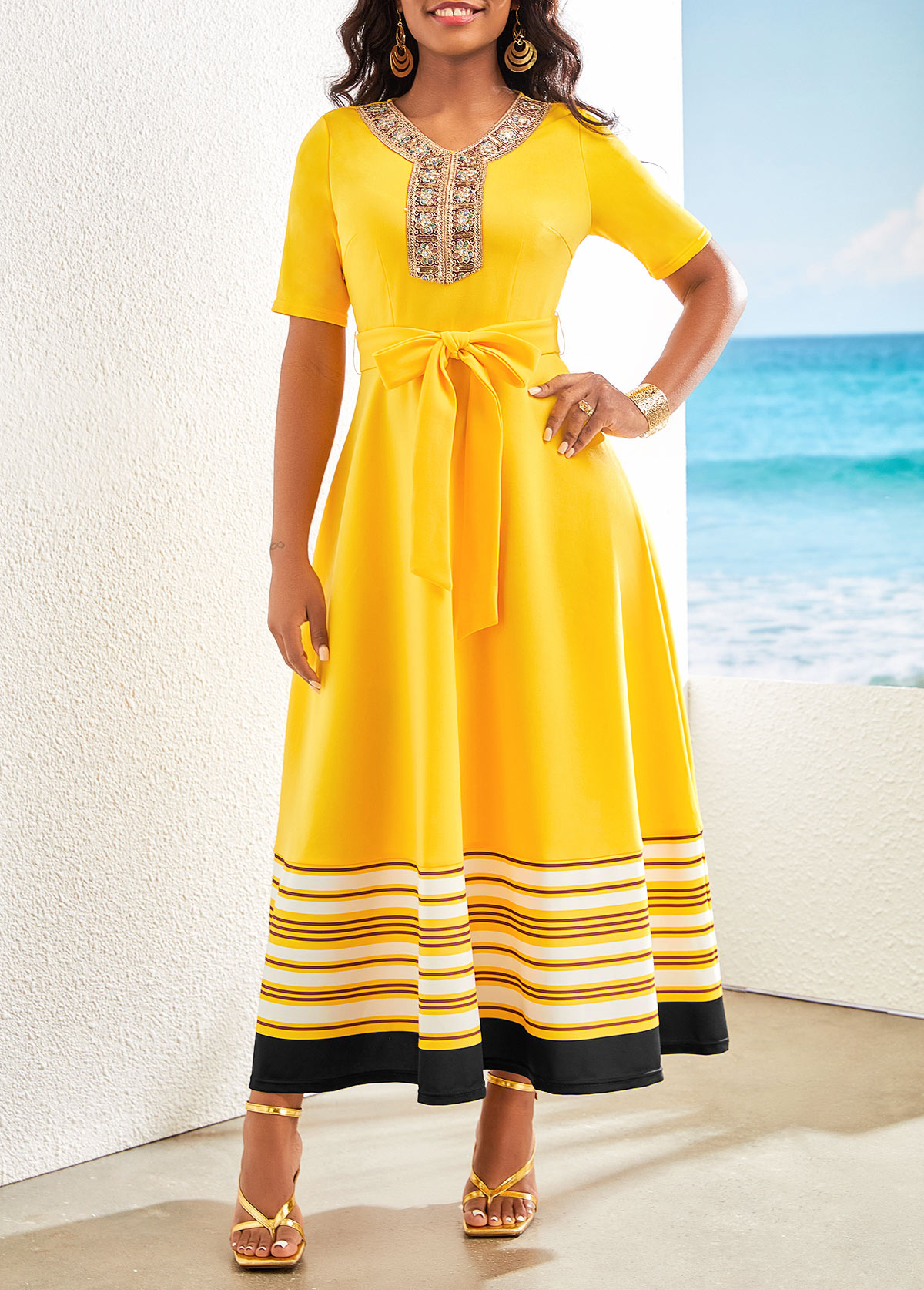 Yellow Patchwork Striped Belted Short Sleeve Maxi Dress