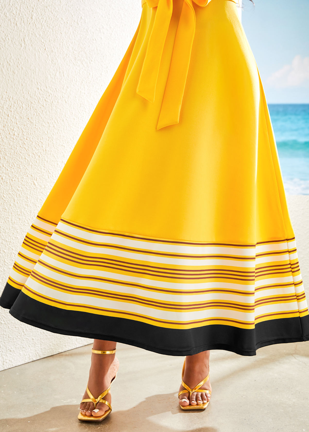 Yellow Patchwork Striped Belted Short Sleeve Maxi Dress