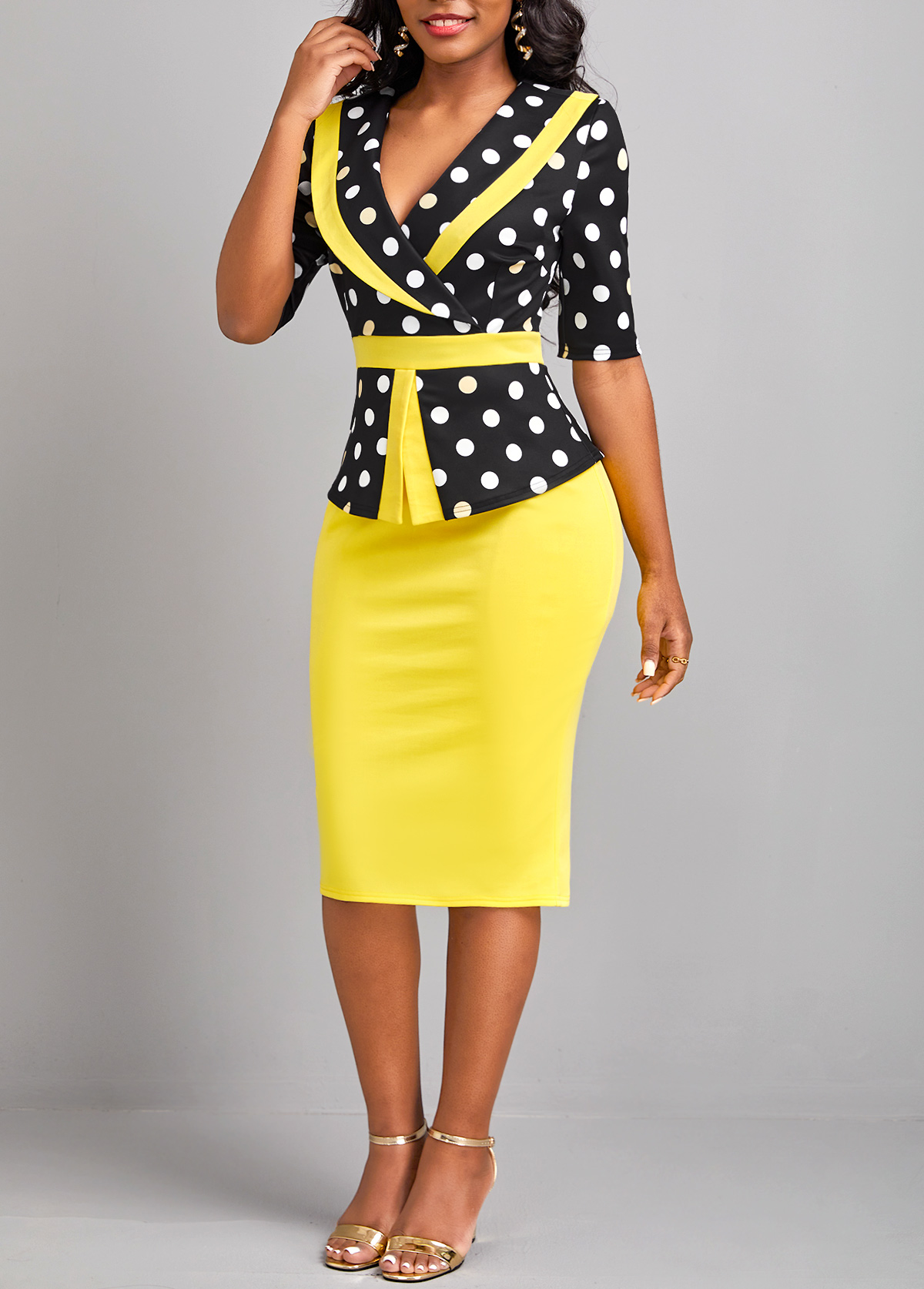 Yellow Patchwork Polka Dot Half Sleeve Bodycon Dress