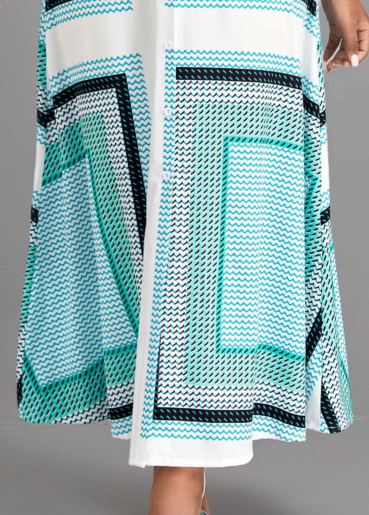 Cyan Button Geometric Print Belted Maxi Dress