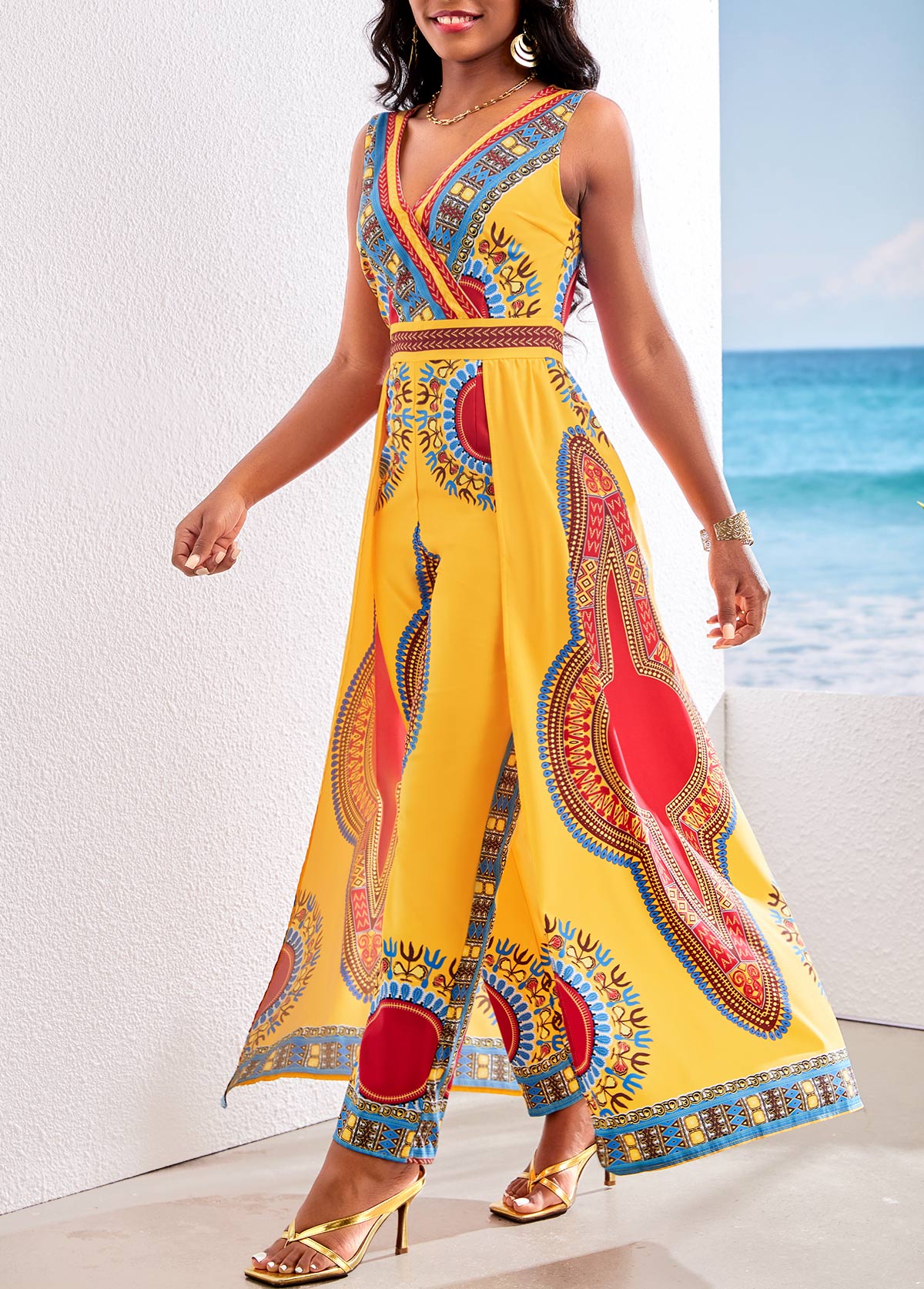 Yellow Patchwork African Tribal Print Ankle Length Jumpsuit