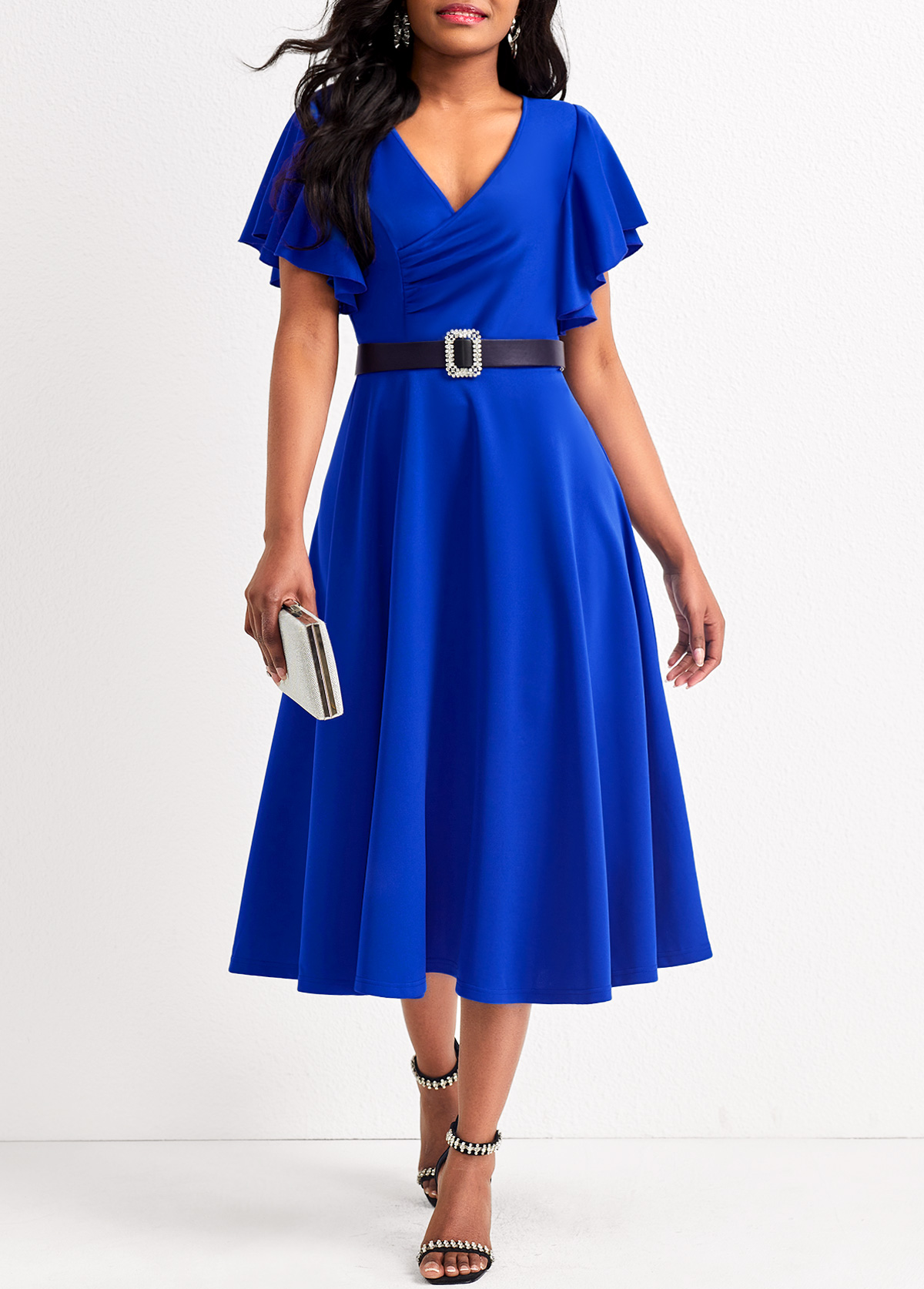 Royal Blue Smocked Short Sleeve V Neck Dress