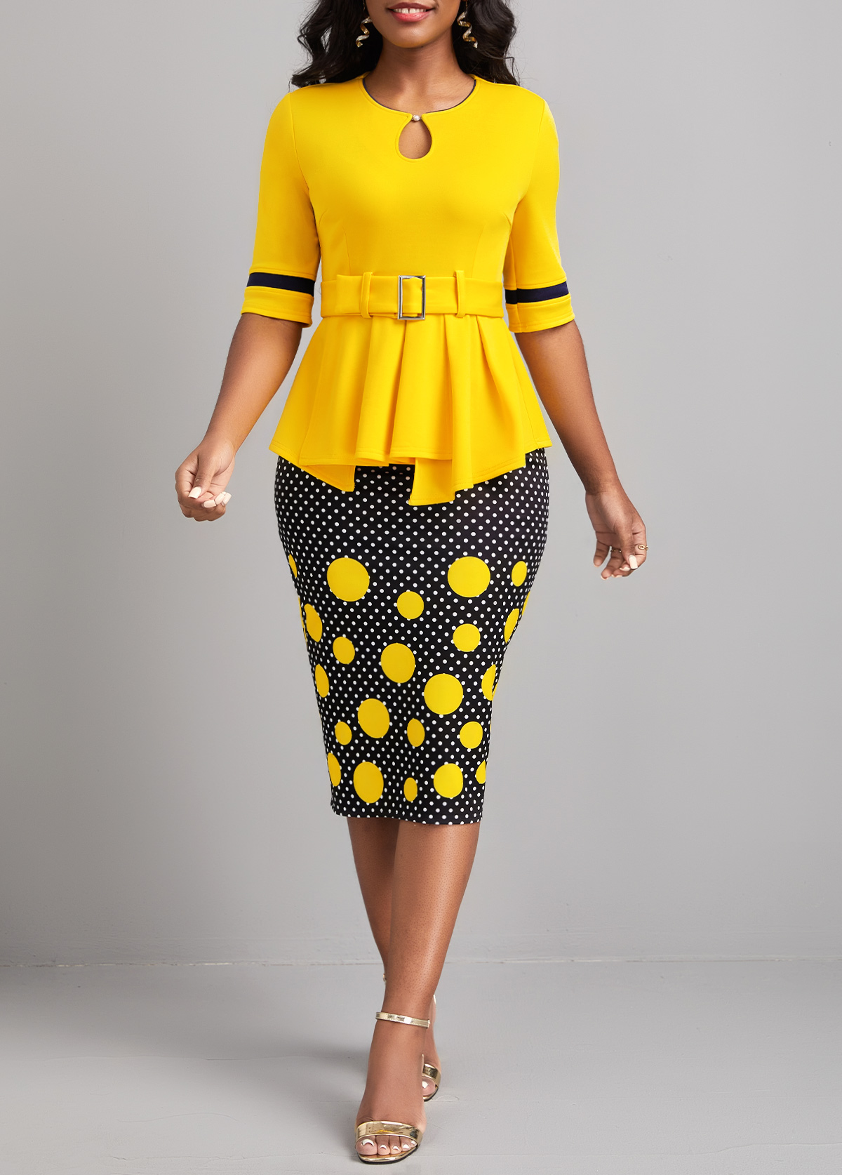 Yellow Patchwork Polka Dot Belted Bodycon Dress
