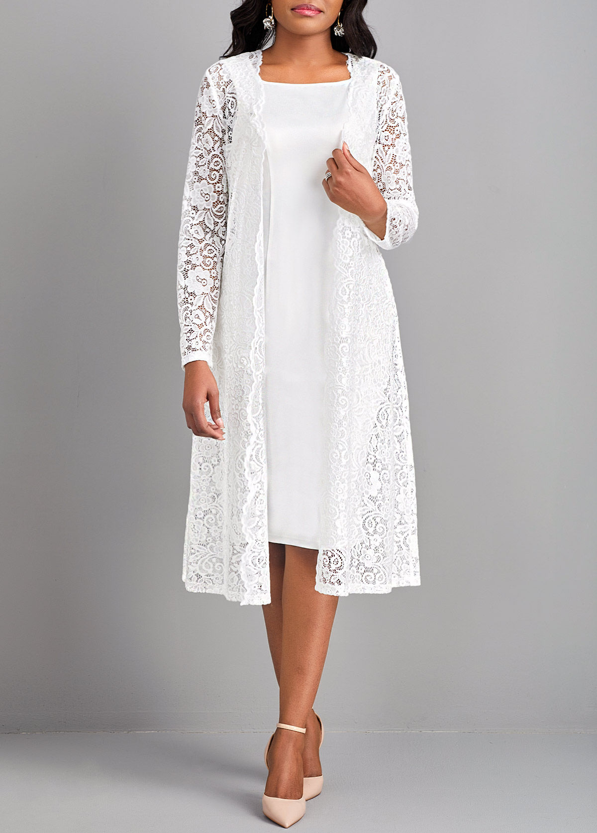 White Lace Two Piece Suit Long Sleeve Dress