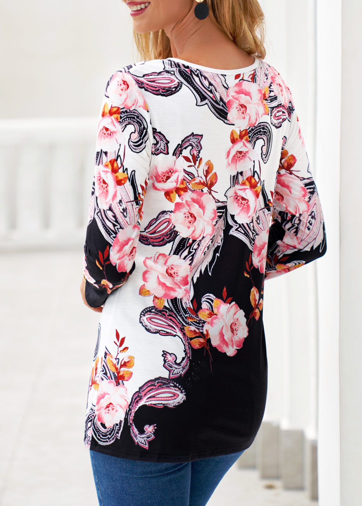 Black Criss Cross Floral Print T Shirt | picture 