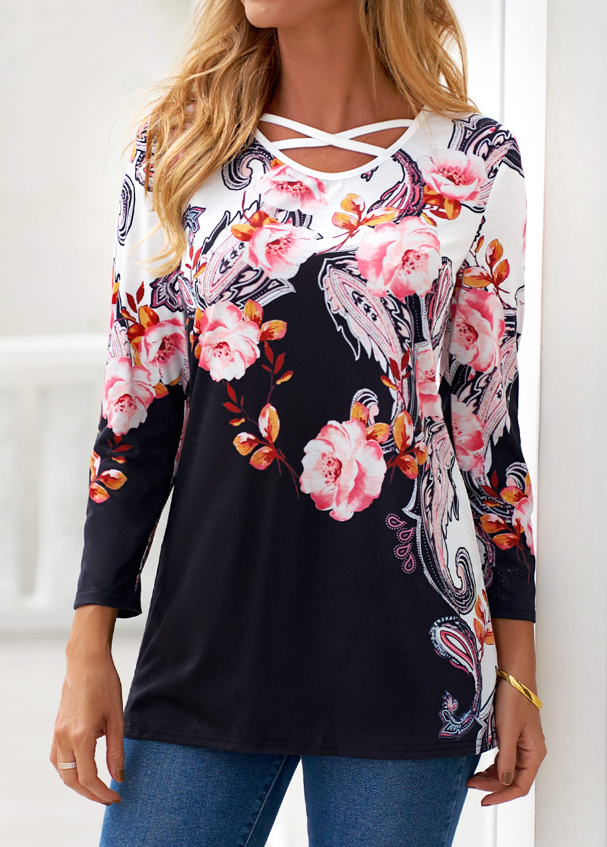 Black Criss Cross Floral Print T Shirt | picture 