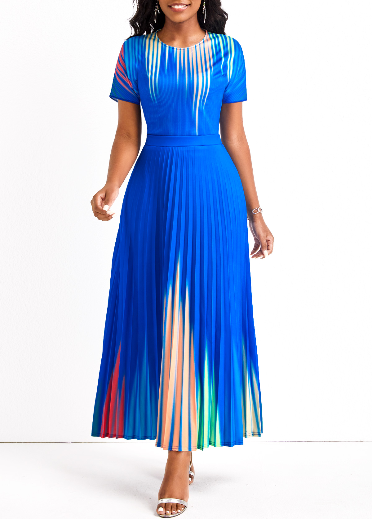 Royal Blue Pleated Ombre Short Sleeve Maxi Dress