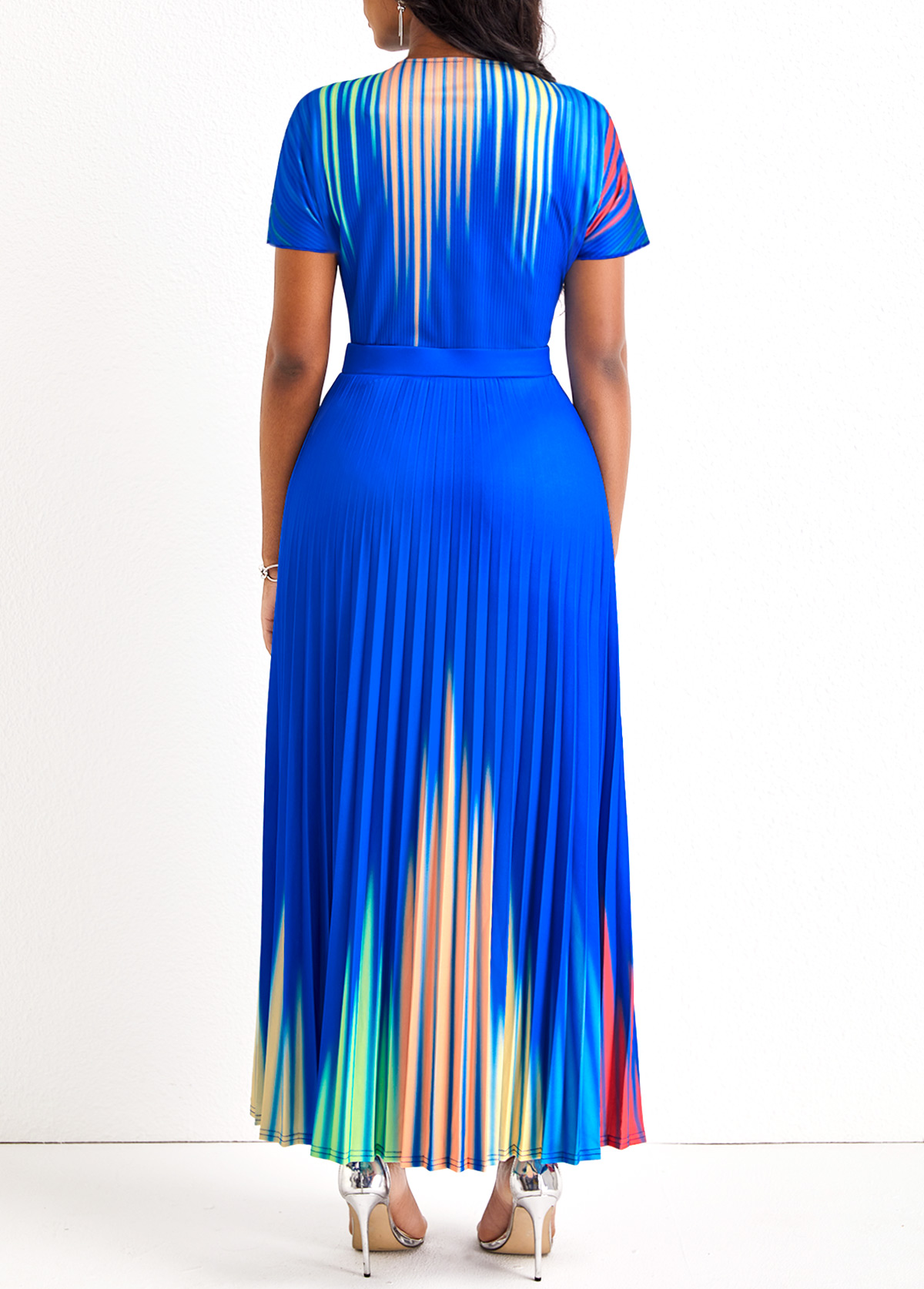 Royal Blue Pleated Ombre Short Sleeve Maxi Dress