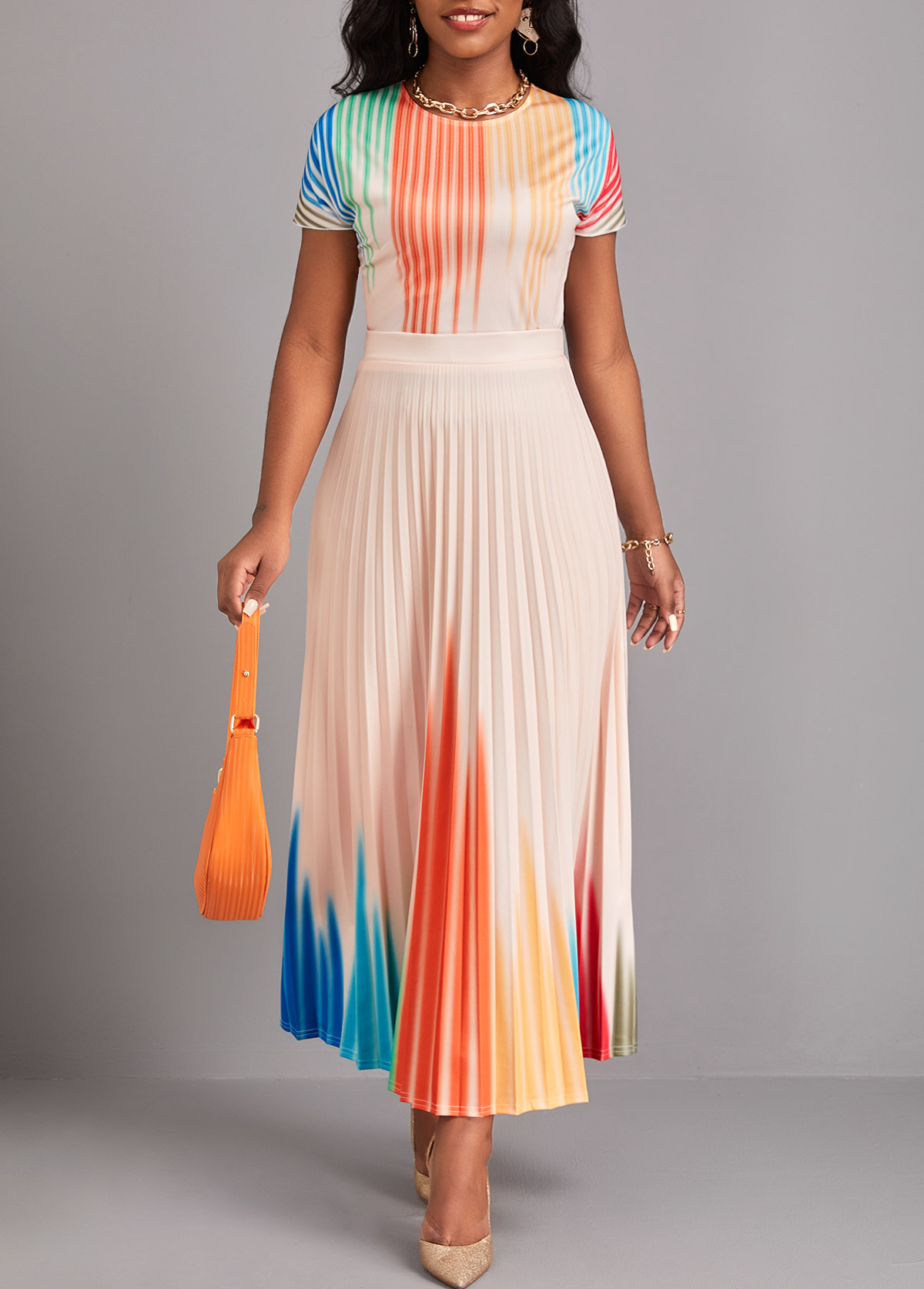 Beige Pleated Ombre Short Sleeve Maxi Dress
