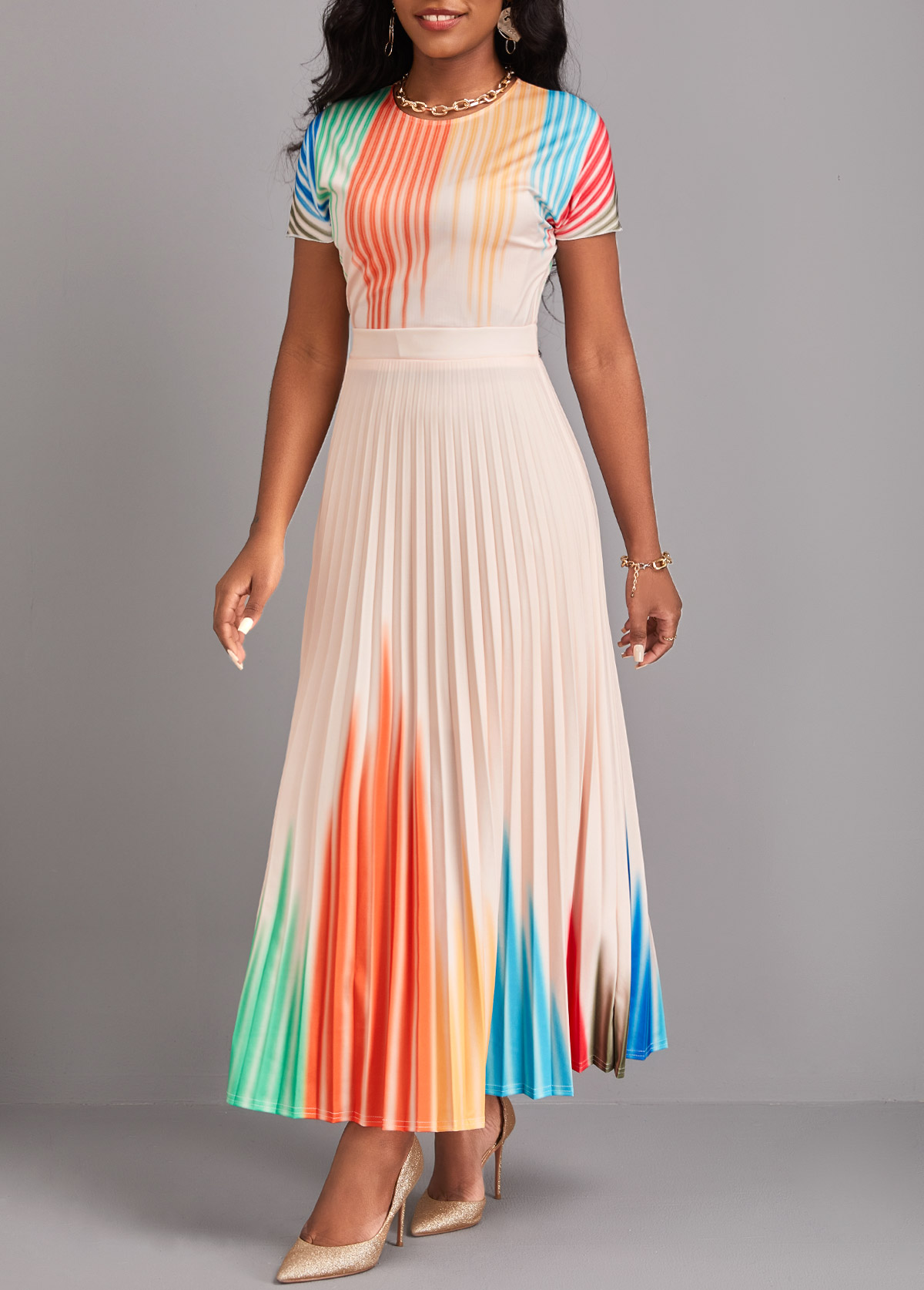 Beige Pleated Ombre Short Sleeve Maxi Dress