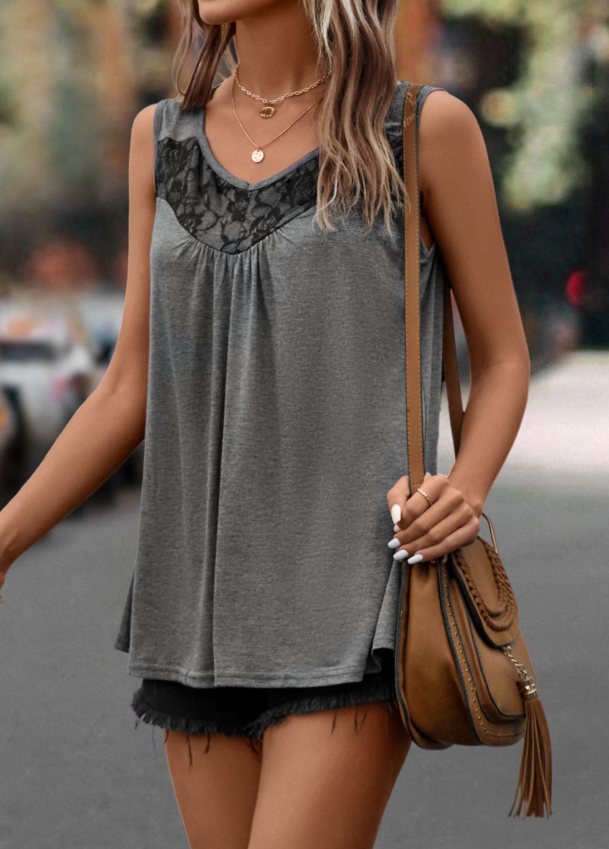 Dark Grey Lace Scoop Neck Tank Top | picture 