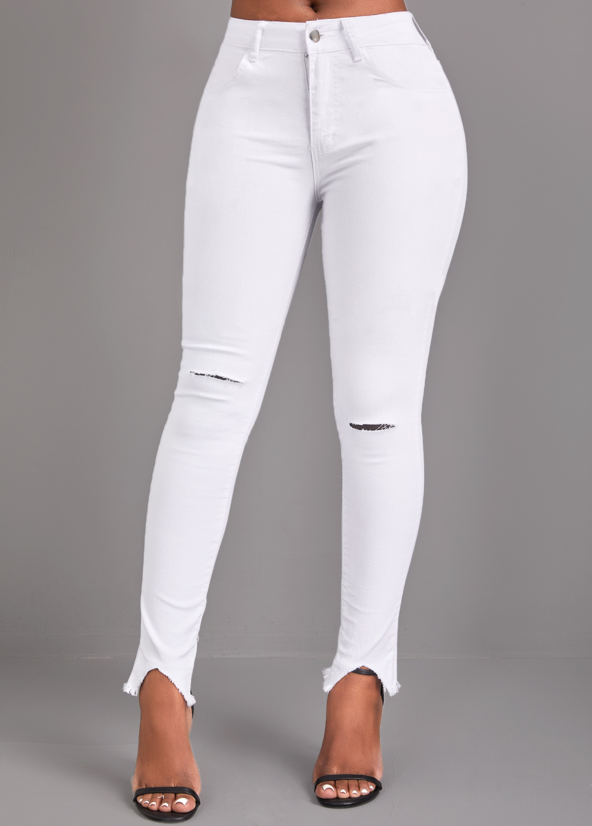 White Button Skinny High Waisted Jeans