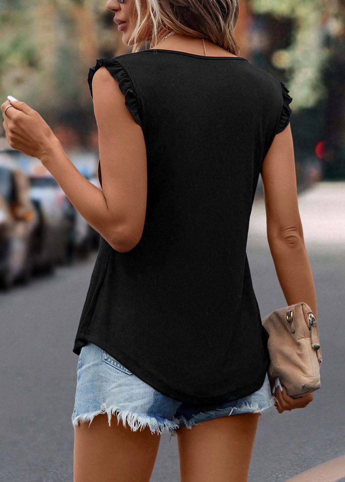 Black Frill Split Neck Tank Top | picture 