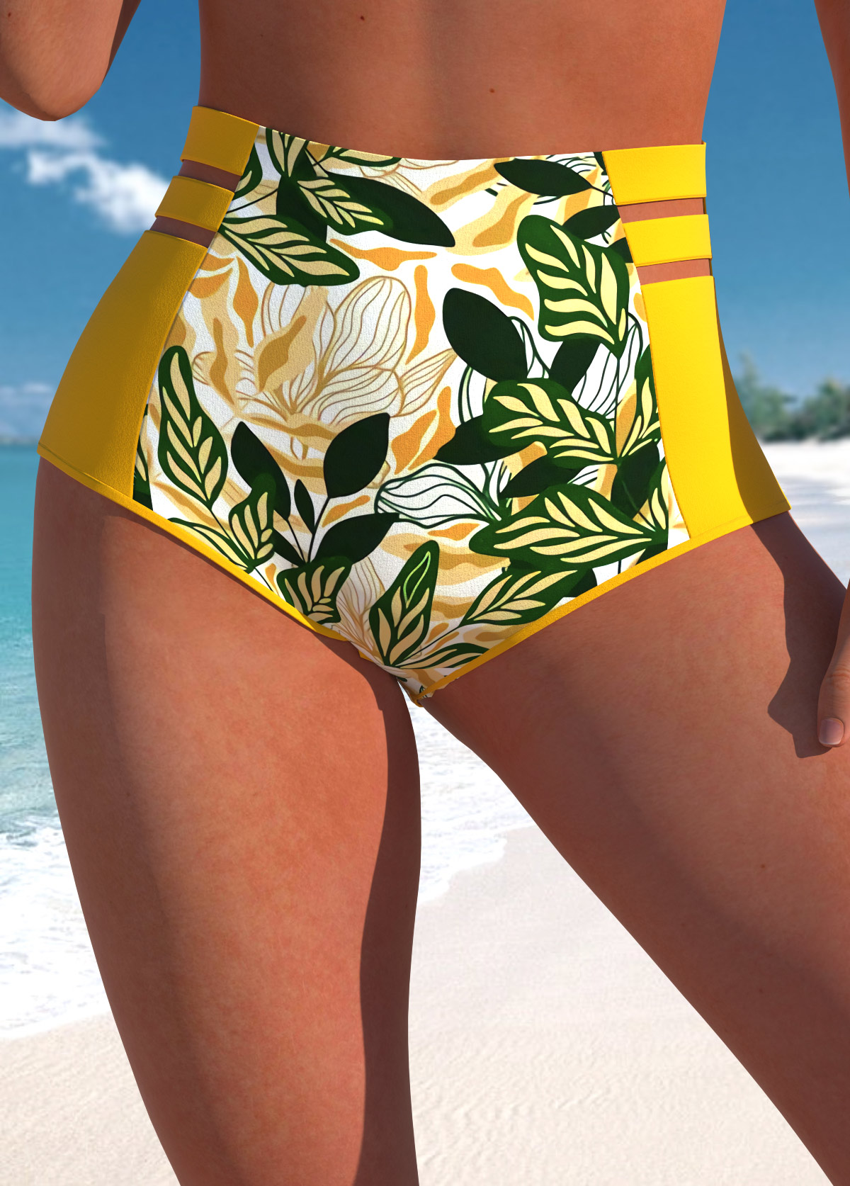 Mesh Leaf Print Yellow Bikini Set