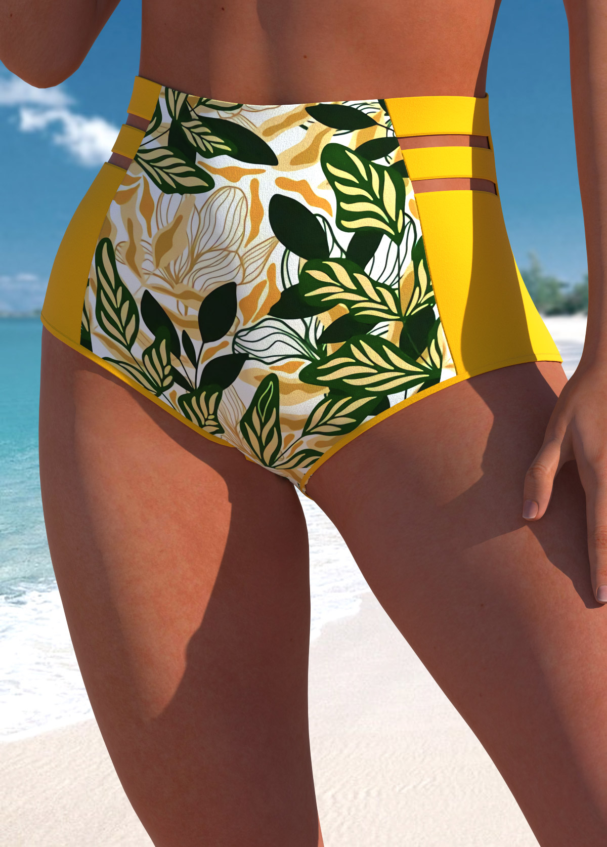Mesh Leaf Print Yellow Bikini Set
