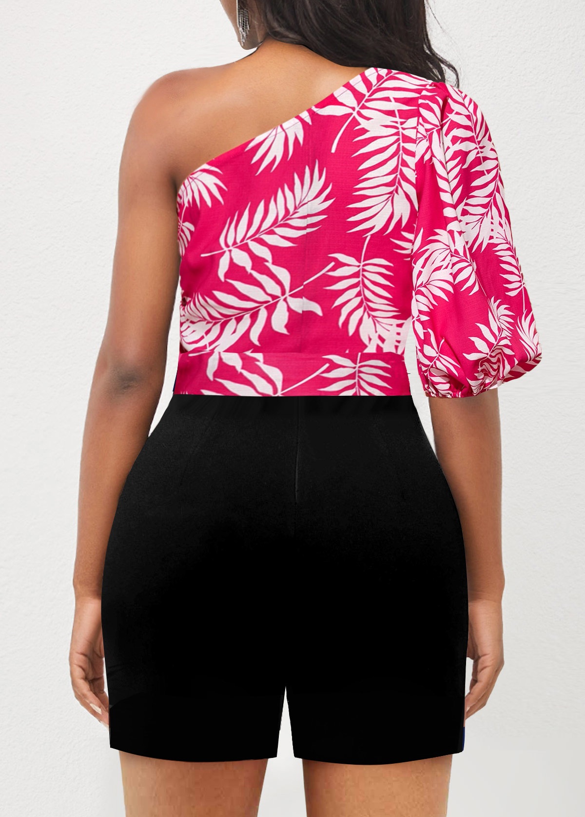 Hot Pink Bowknot Plants Print Belted Romper