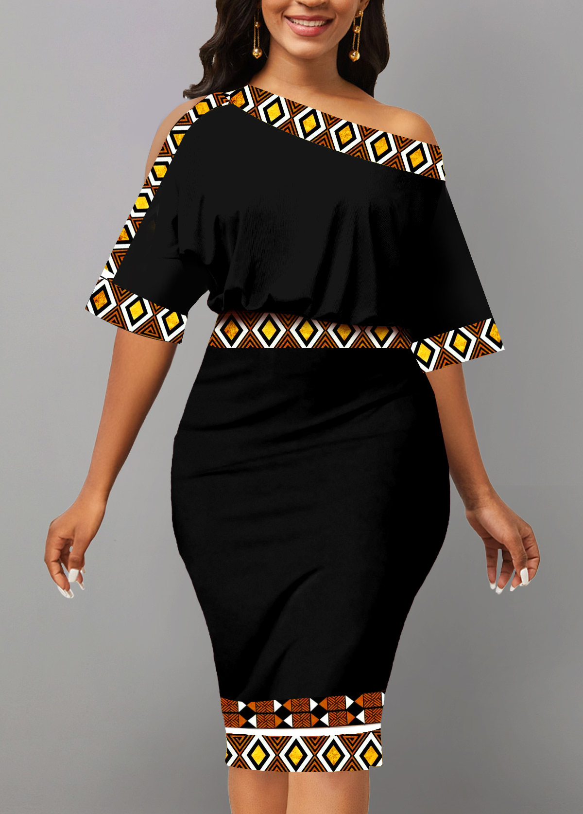 Black Asymmetry Tribal Print Half Sleeve Bodycon Dress