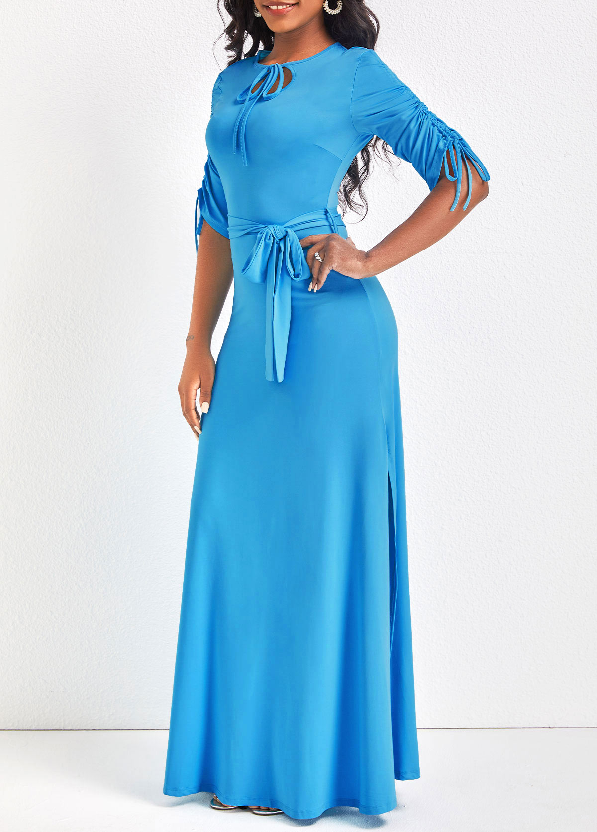Light Blue Drawstring Belted Half Sleeve Dress