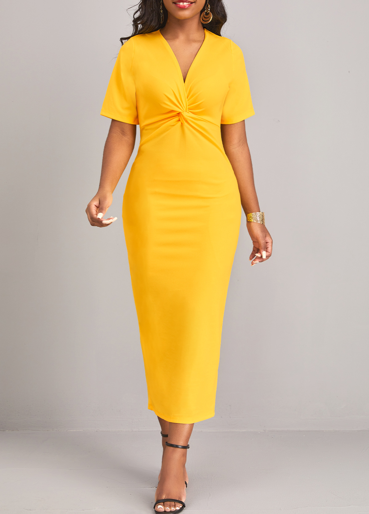 Yellow Twist Short Sleeve V Neck Bodycon Dress