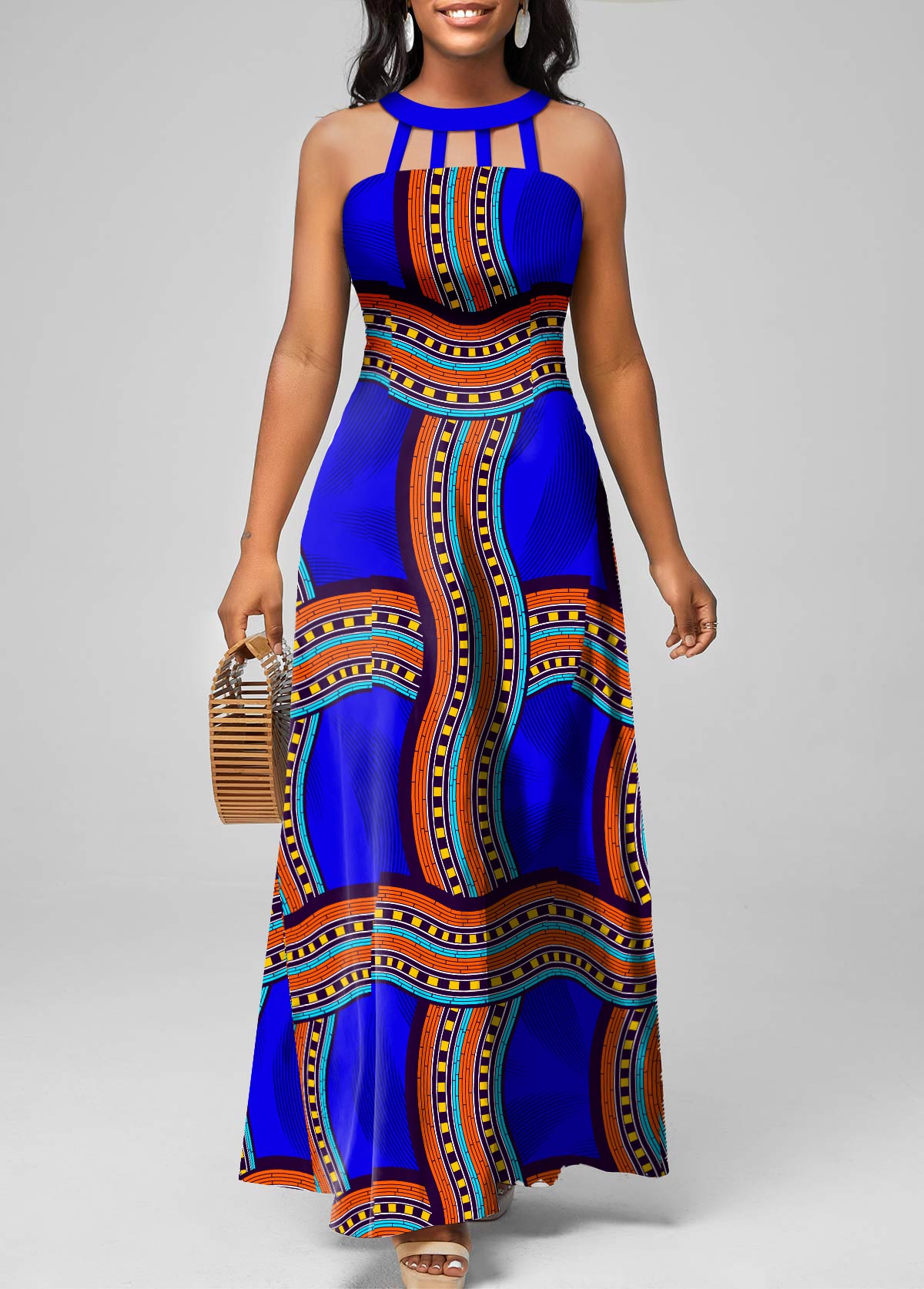 Royal Blue Cage Neck Tribal Print Maxi Dress