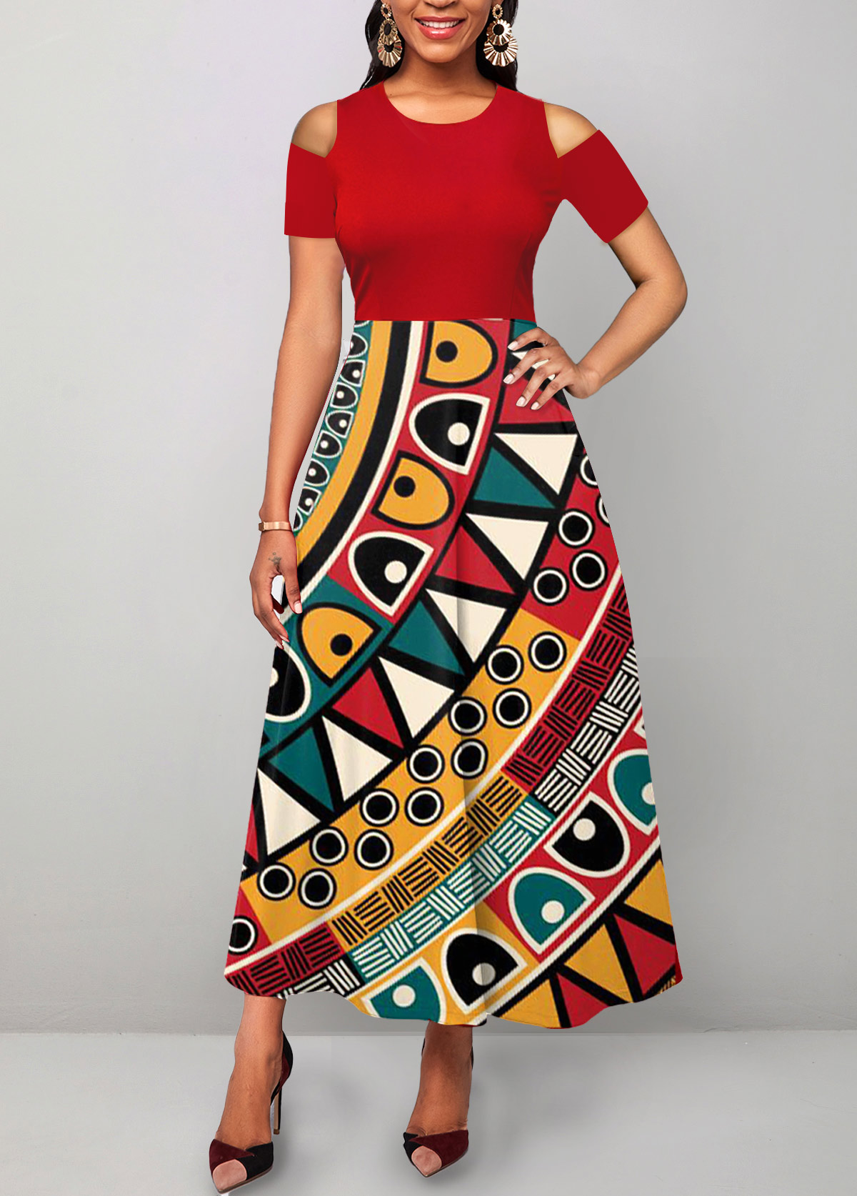 Red Cut Out Tribal Print Maxi Dress