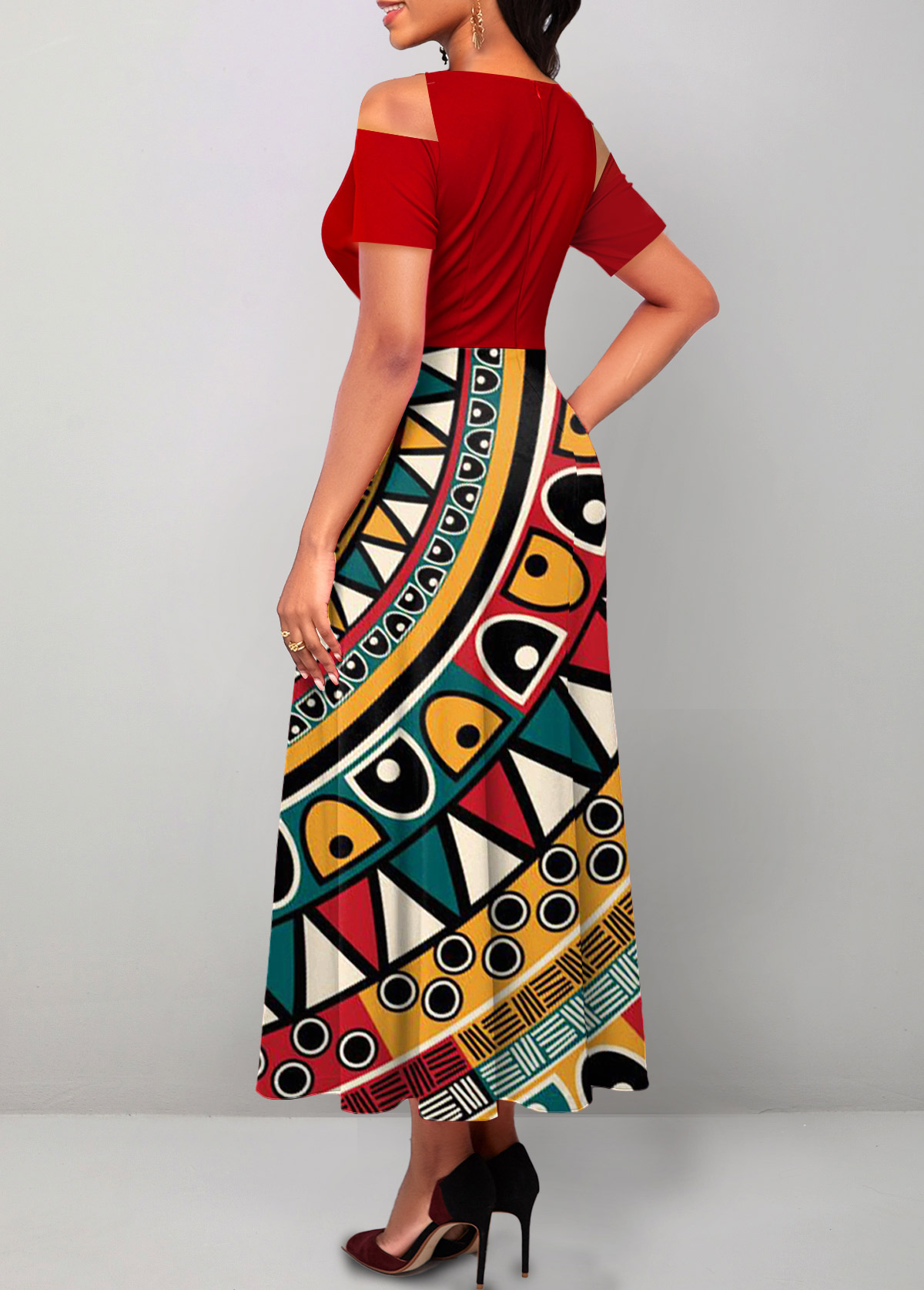 Red Cut Out Tribal Print Maxi Dress