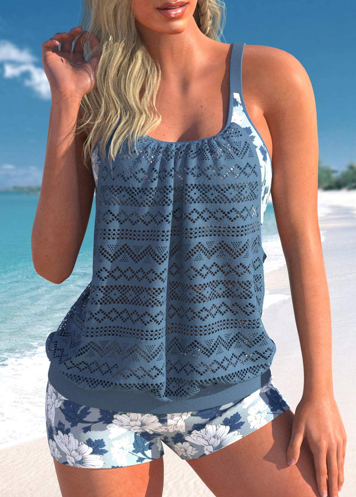 Lace Floral Print Dusty Blue Tankini Top-No Bottom
