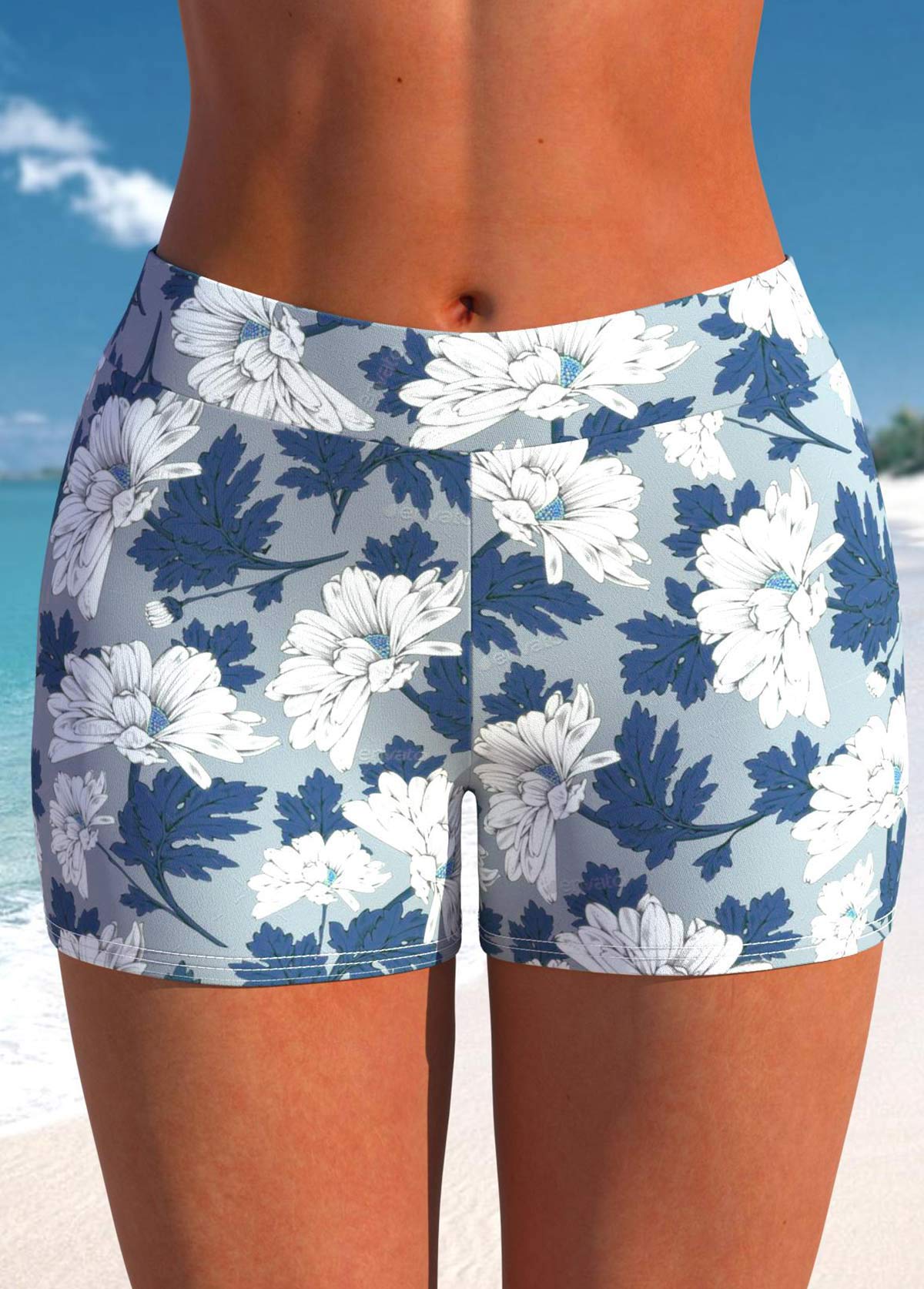 Mid Waisted Floral Print Dusty Blue Swim Shorts | linkimg