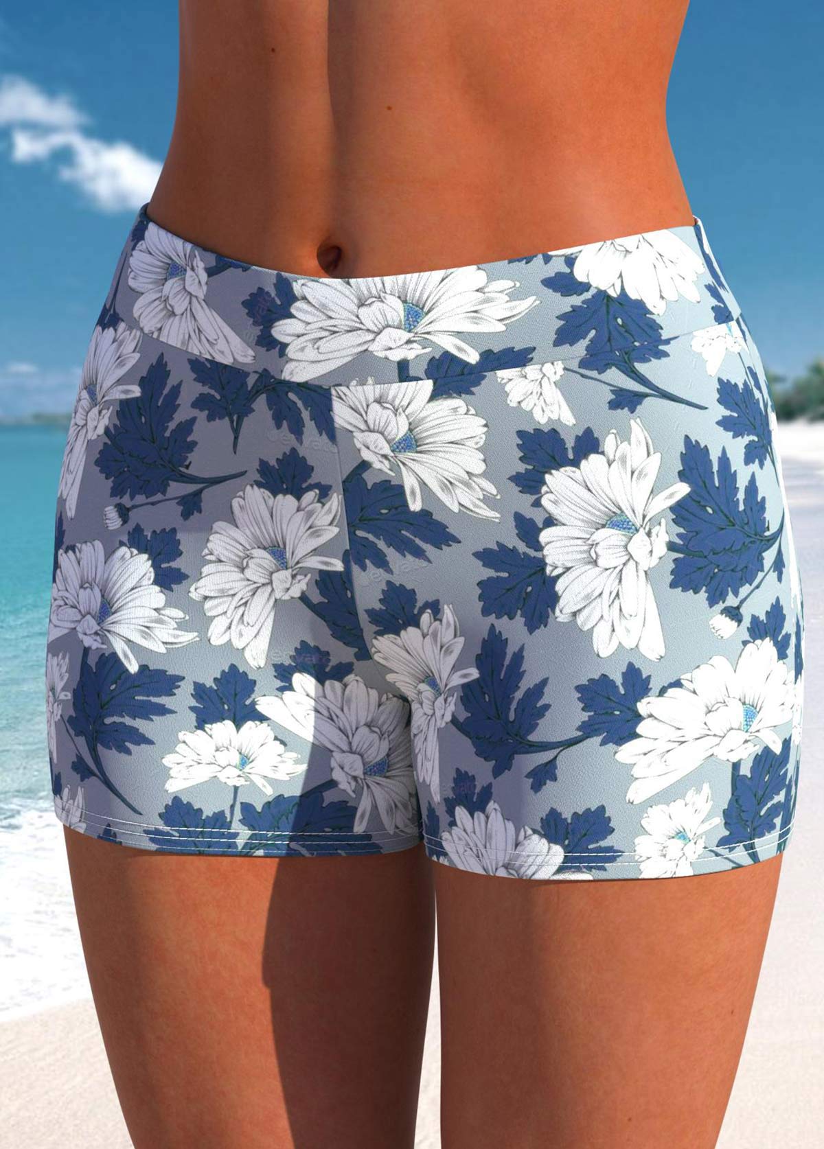 Mid Waisted Floral Print Dusty Blue Swim Shorts