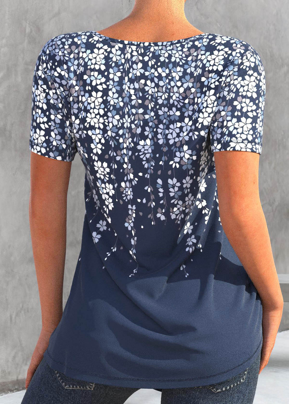 Denim Blue Asymmetry Floral Print T Shirt