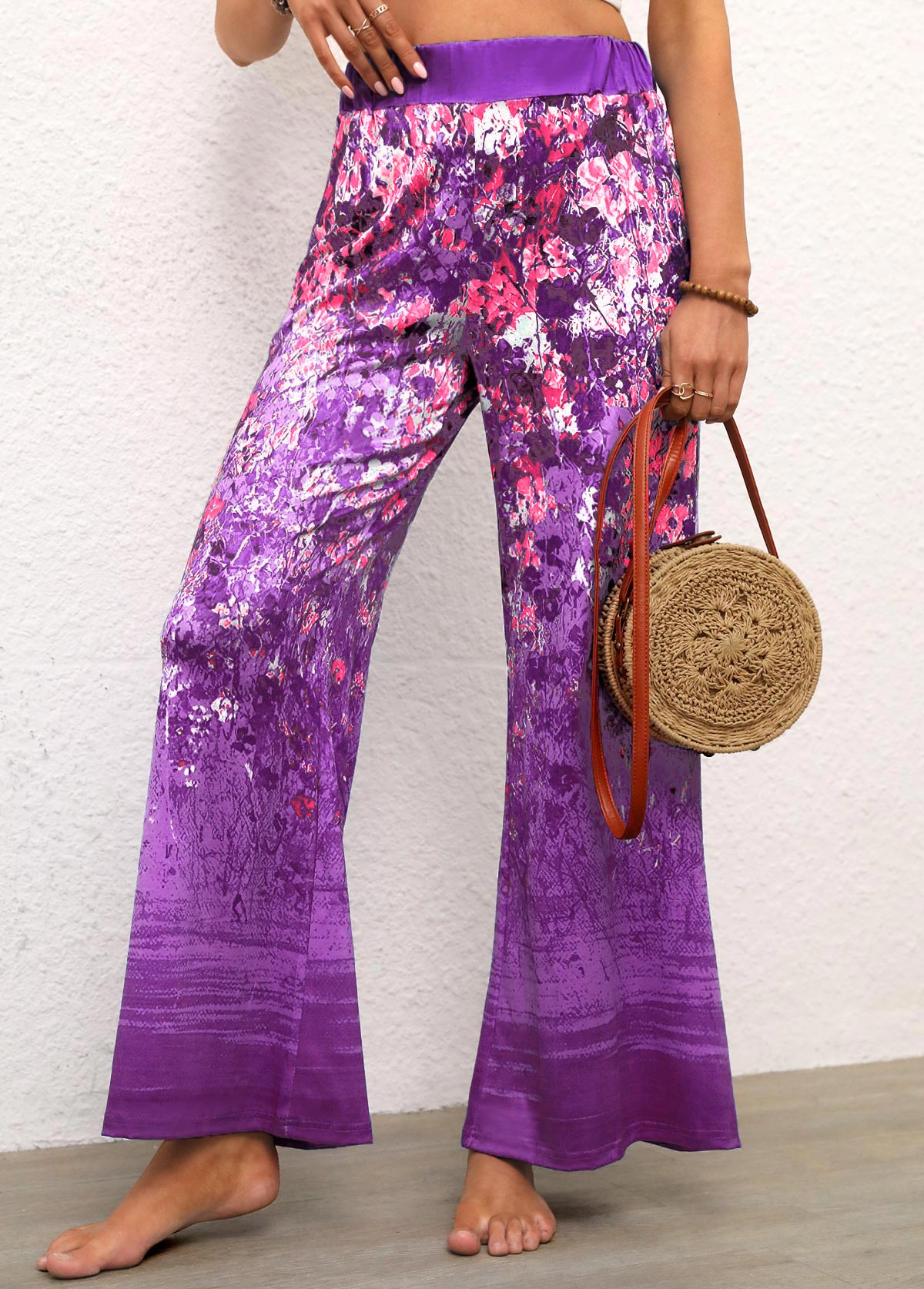 Purple Floral Print Flare Leg Elastic Waist Pants
