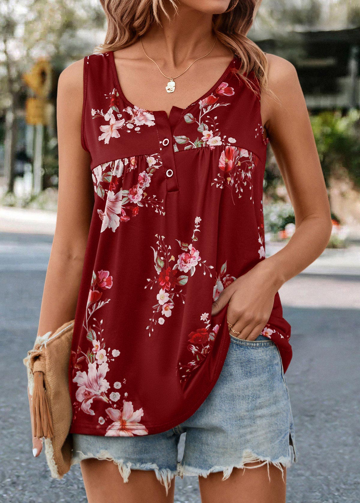 Wine Red Button Floral Print Tank Top
