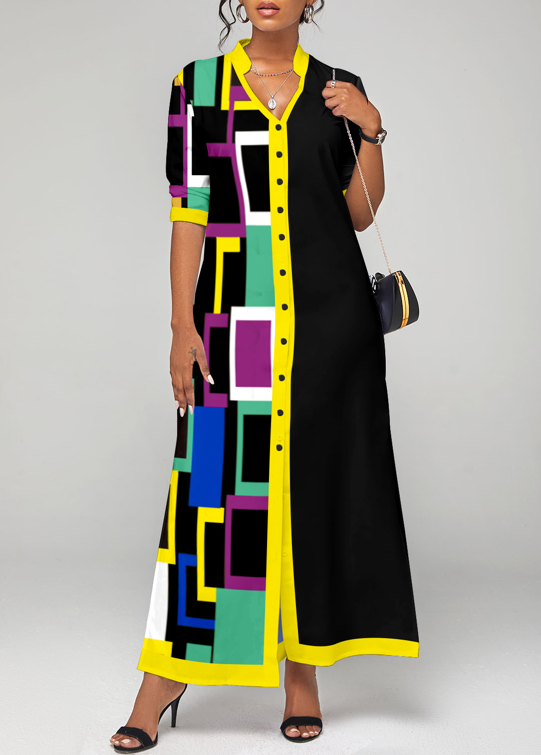 Black Contrast Binding Geometric Print Maxi Dress