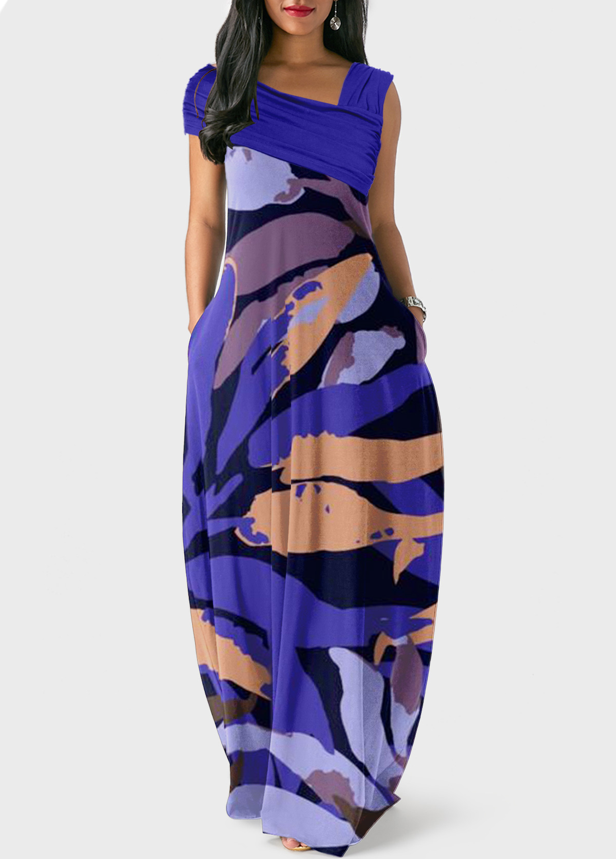Purple Ruched Leaf Print Maxi Dress