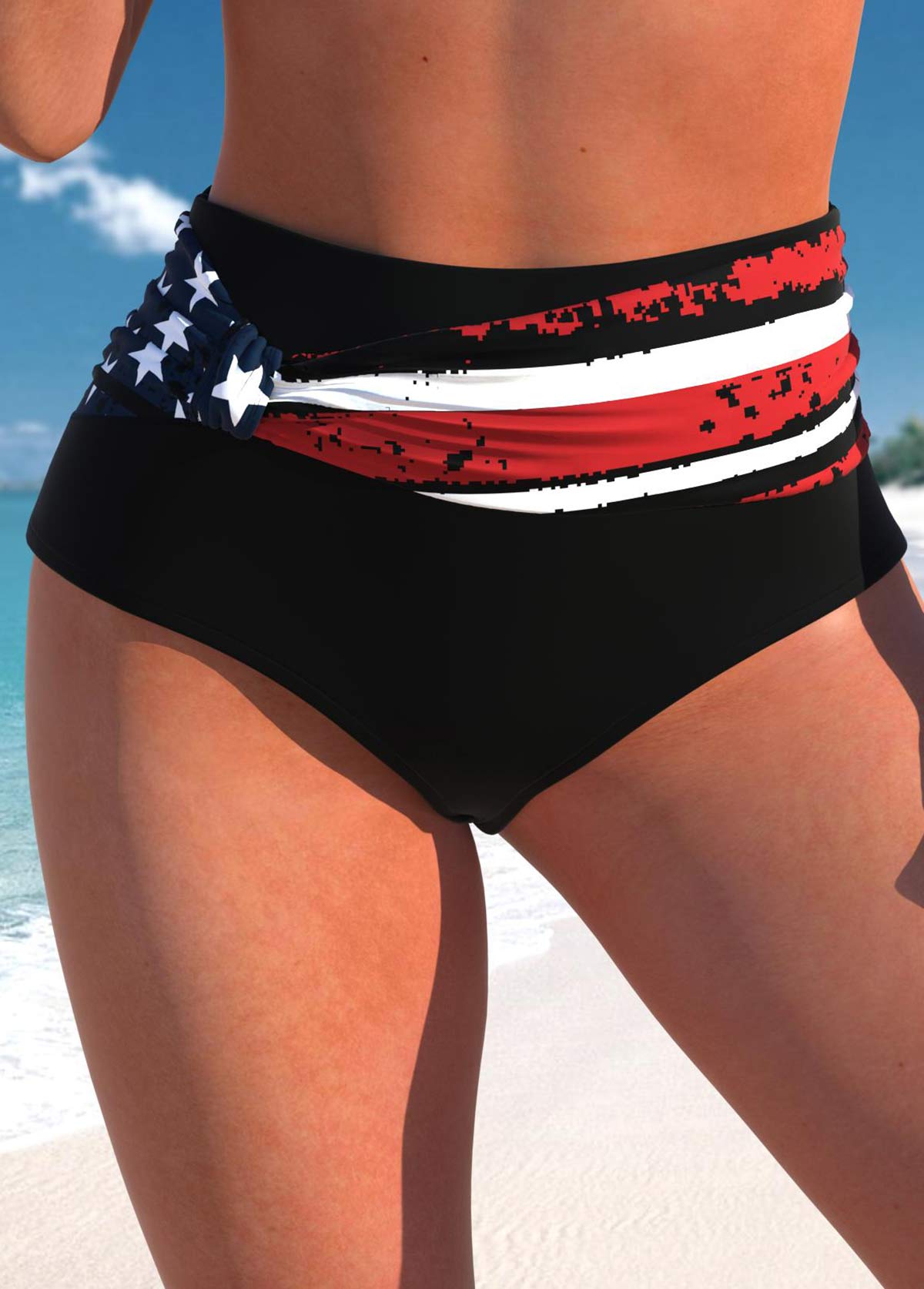 High Waisted American Flag Print Black Bikini Bottom