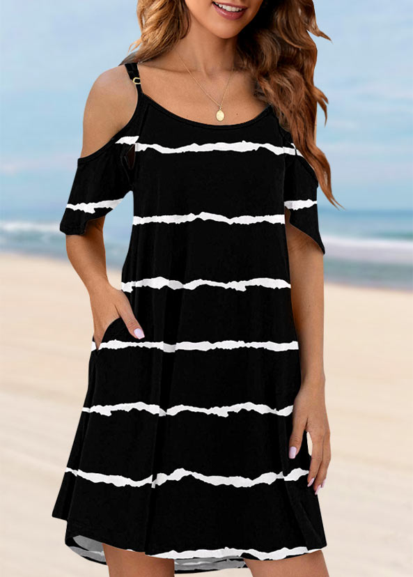 Pocket Striped Black Cover Up Dress