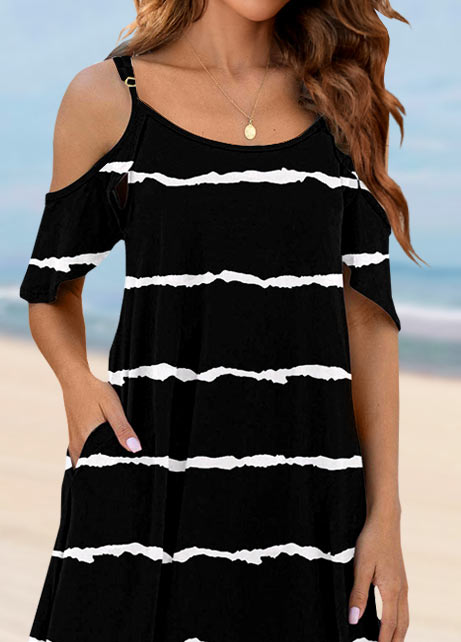 Black Pocket Striped Short A Line Scoop Neck Dress