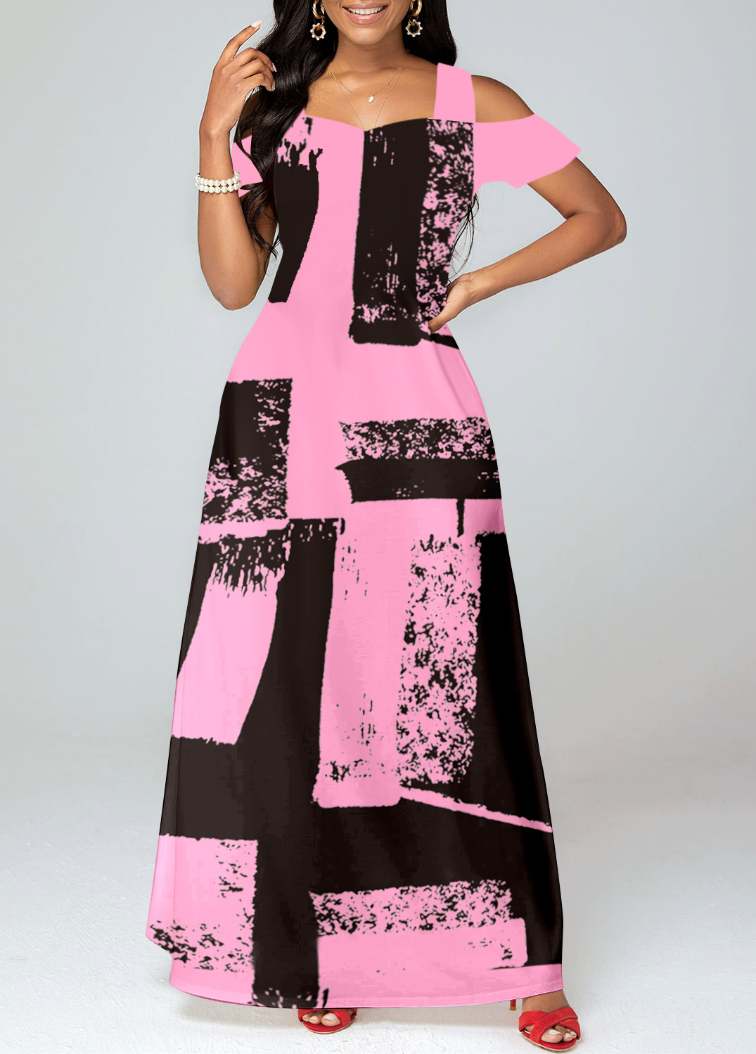 Plus Size Pink Pocket Graffiti Print Maxi Dress