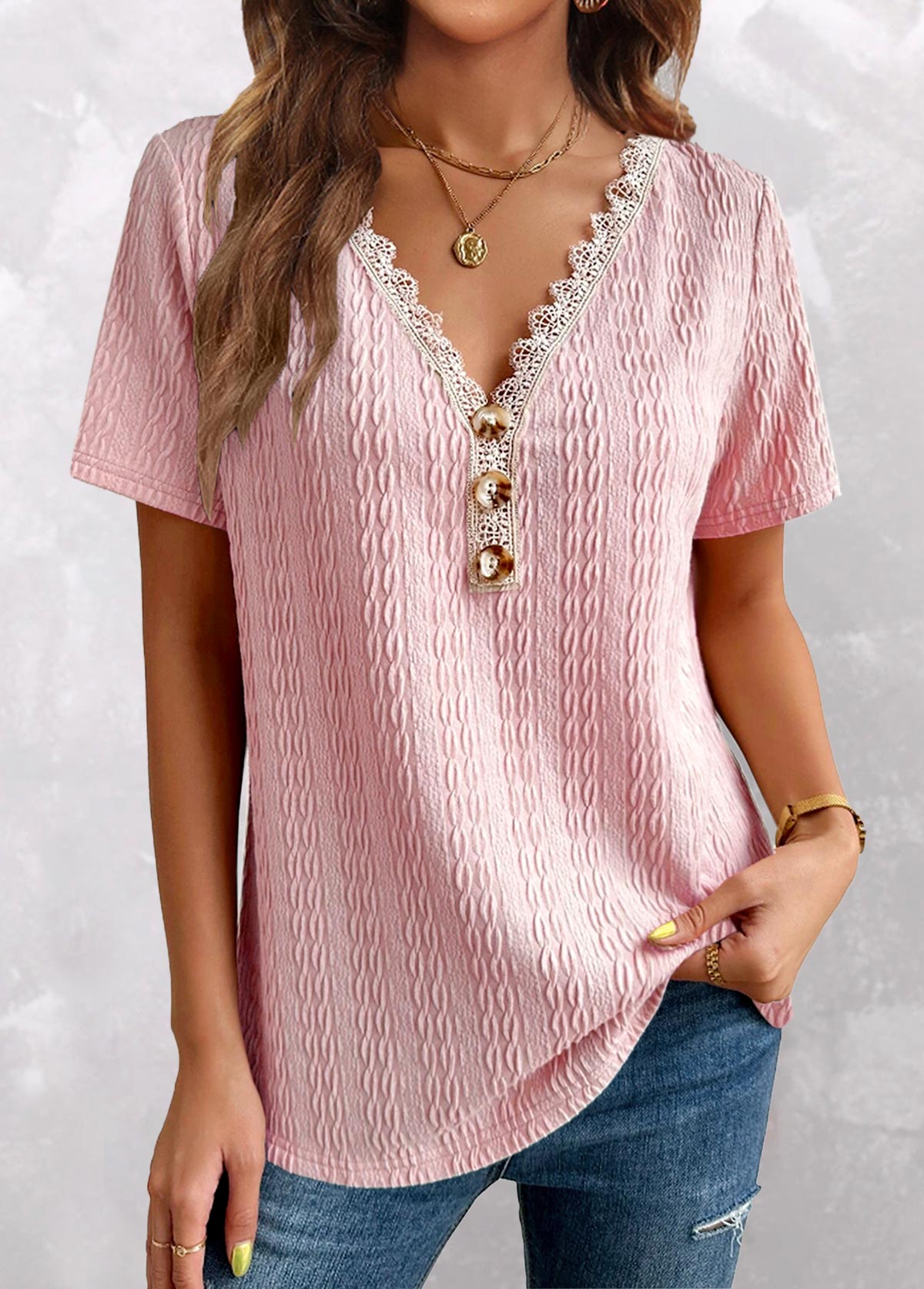 Pink Twisted Short Sleeve V Neck T Shirt