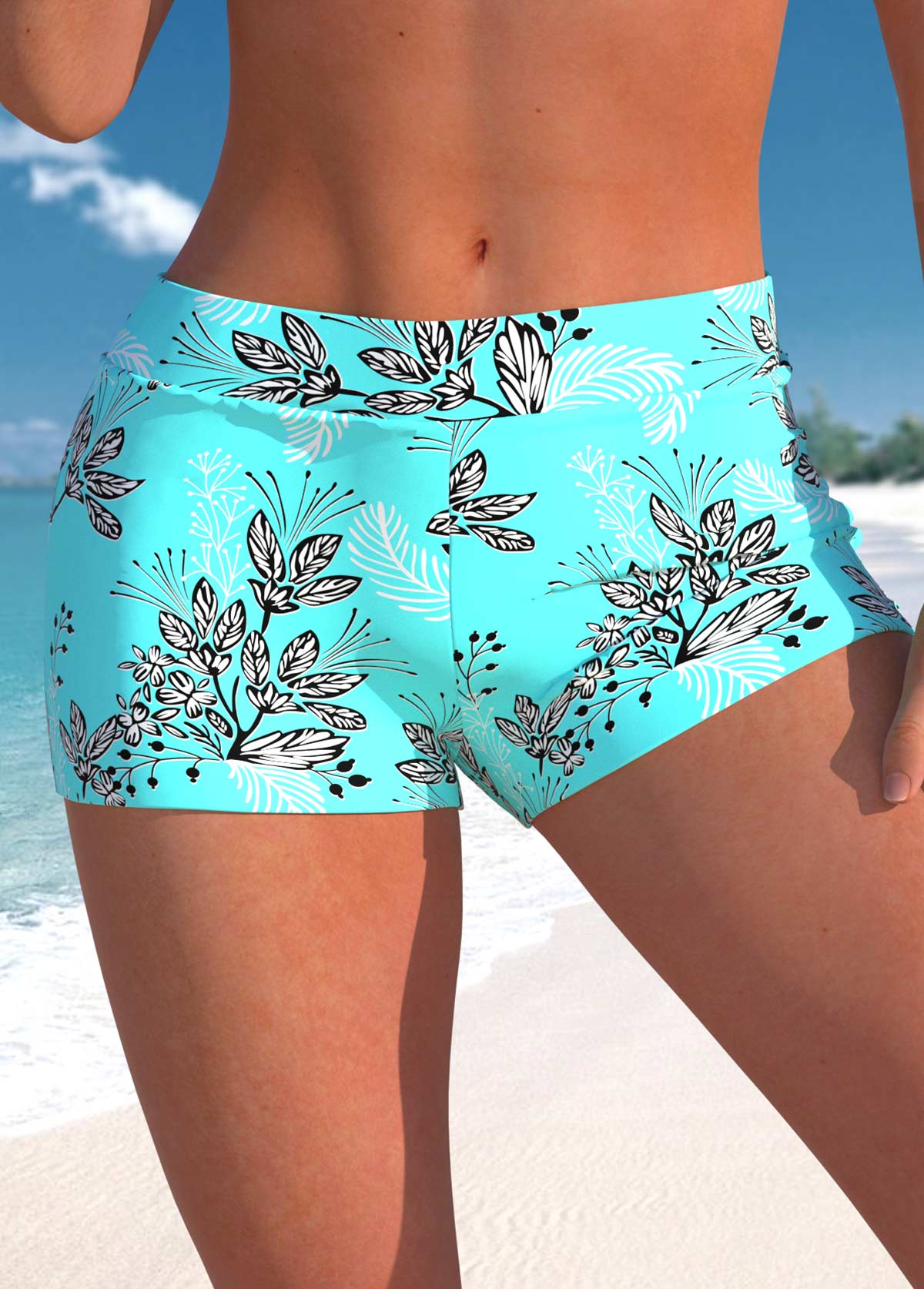 Plus Size Mid Waisted Leaf Print Swim Shorts