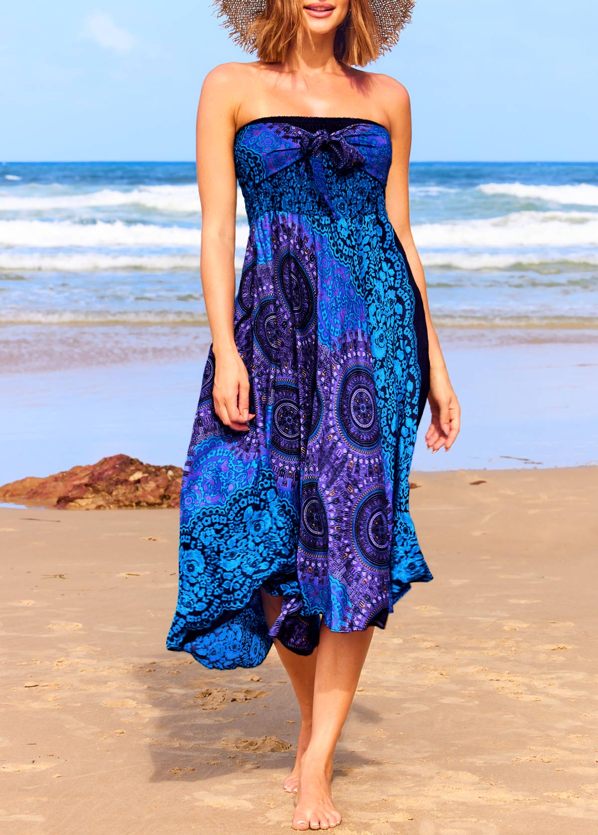 Smocked Tribal Print Blue Beach Skirt