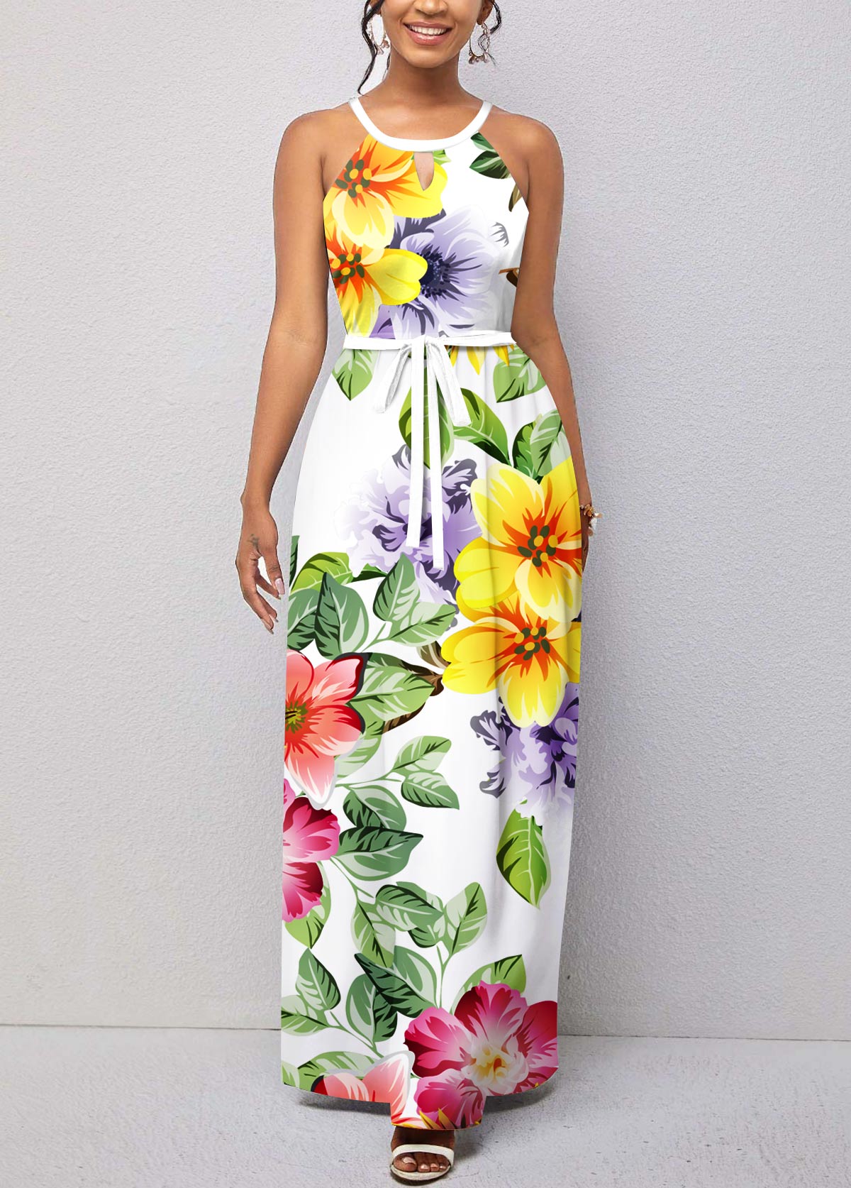 White Cut Out Floral Print Belted Maxi Dress