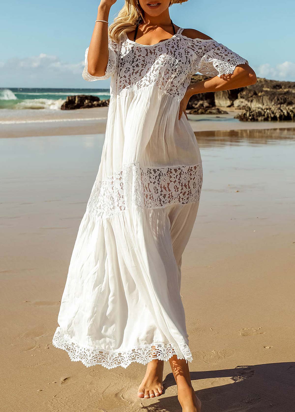 Lace Stitching White Round Neck Cover Up