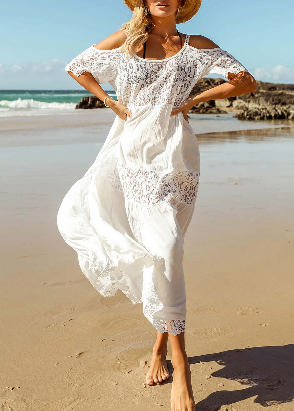 Lace Stitching White Round Neck Cover Up