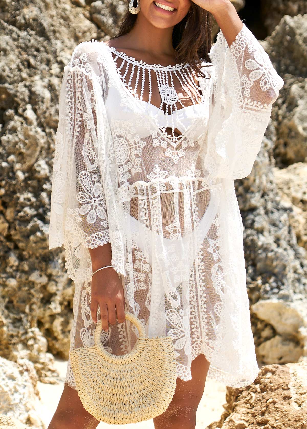 Embroidered White Cage Neck Sheer Cover Up