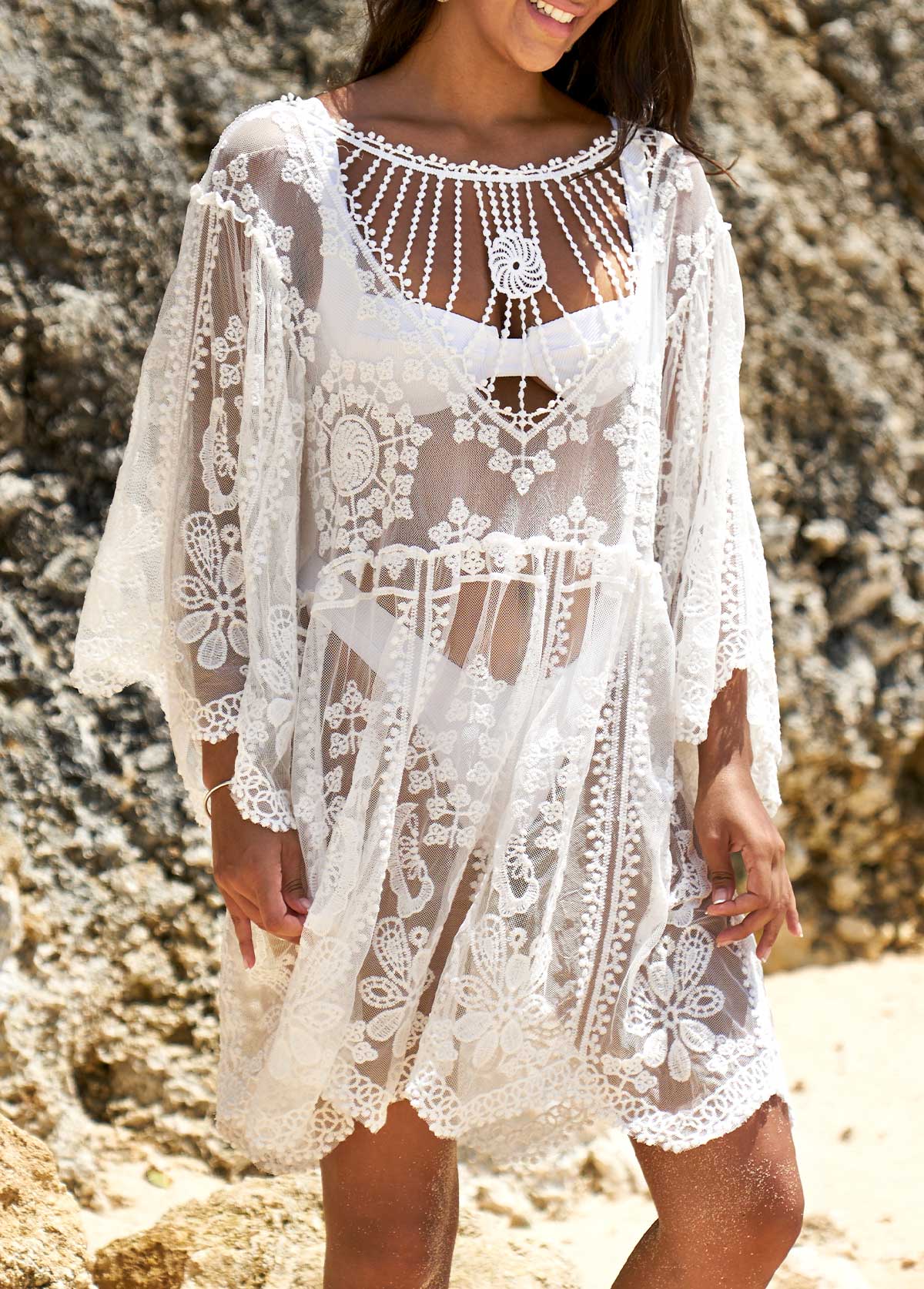 Embroidered White Cage Neck Sheer Cover Up