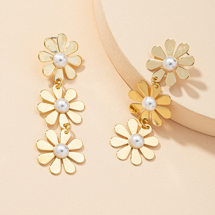 Golden Round Floral Pearl Metal Detail Earrings