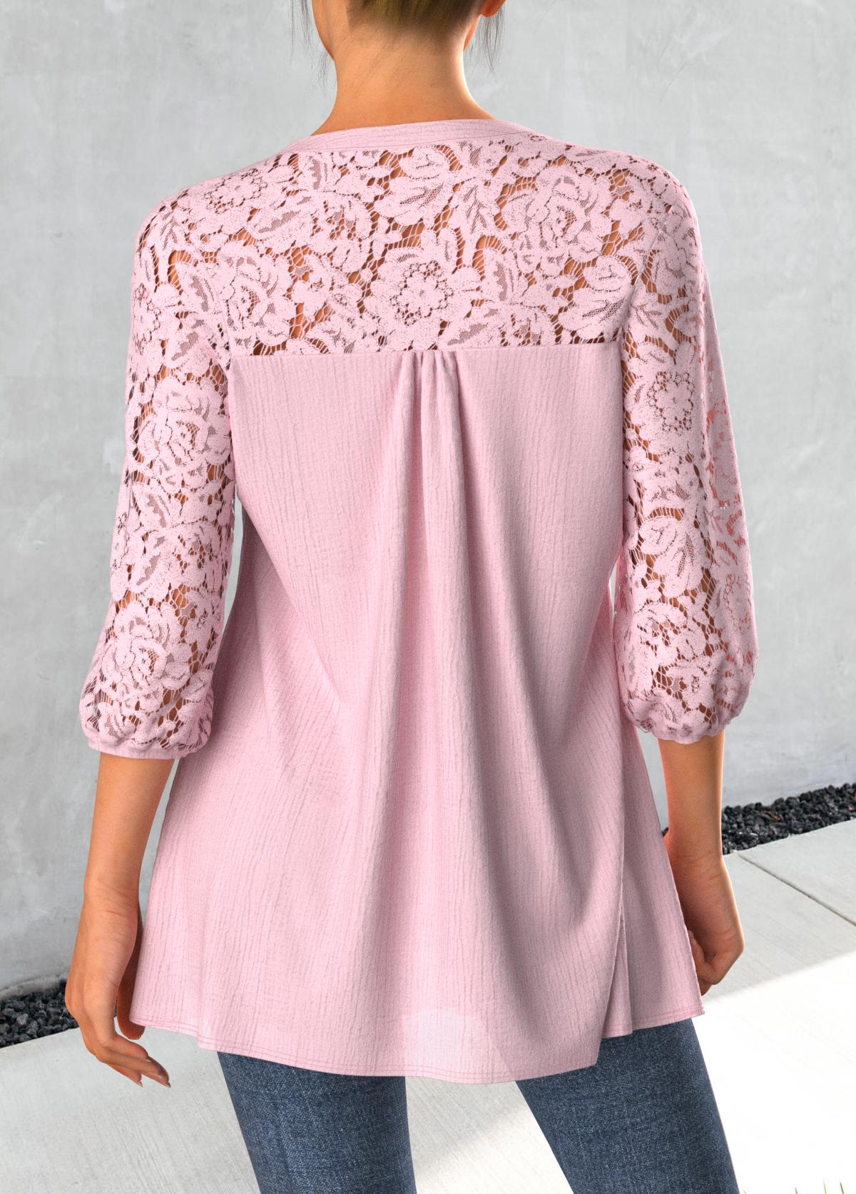 Light Pink Tuck Stitch 3/4 Sleeve Split Neck Blouse | picture 